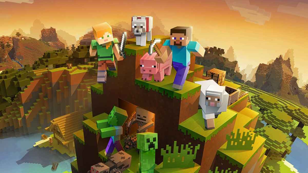 Steve, Alex y varias criaturas de Minecraft sobre una colina pixelada al atardecer, imagen del modo Minecraft en WhatsApp