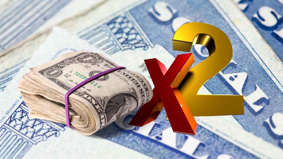 Doble pago del Seguro Social en mayo representado con billetes de dólar y tarjeta de la SSA en Estados Unidos