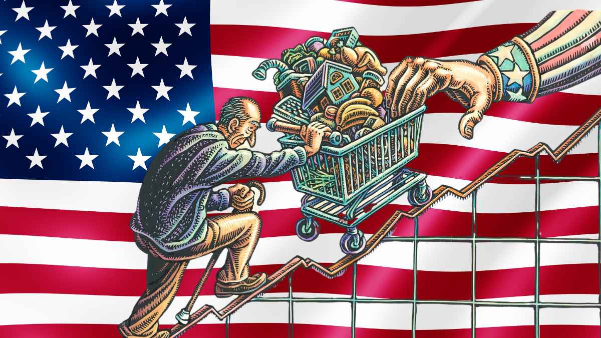 Hombre mayor empuja un carrito lleno de productos cuesta arriba sobre una gráfica de inflación con fondo de bandera de EE. UU.